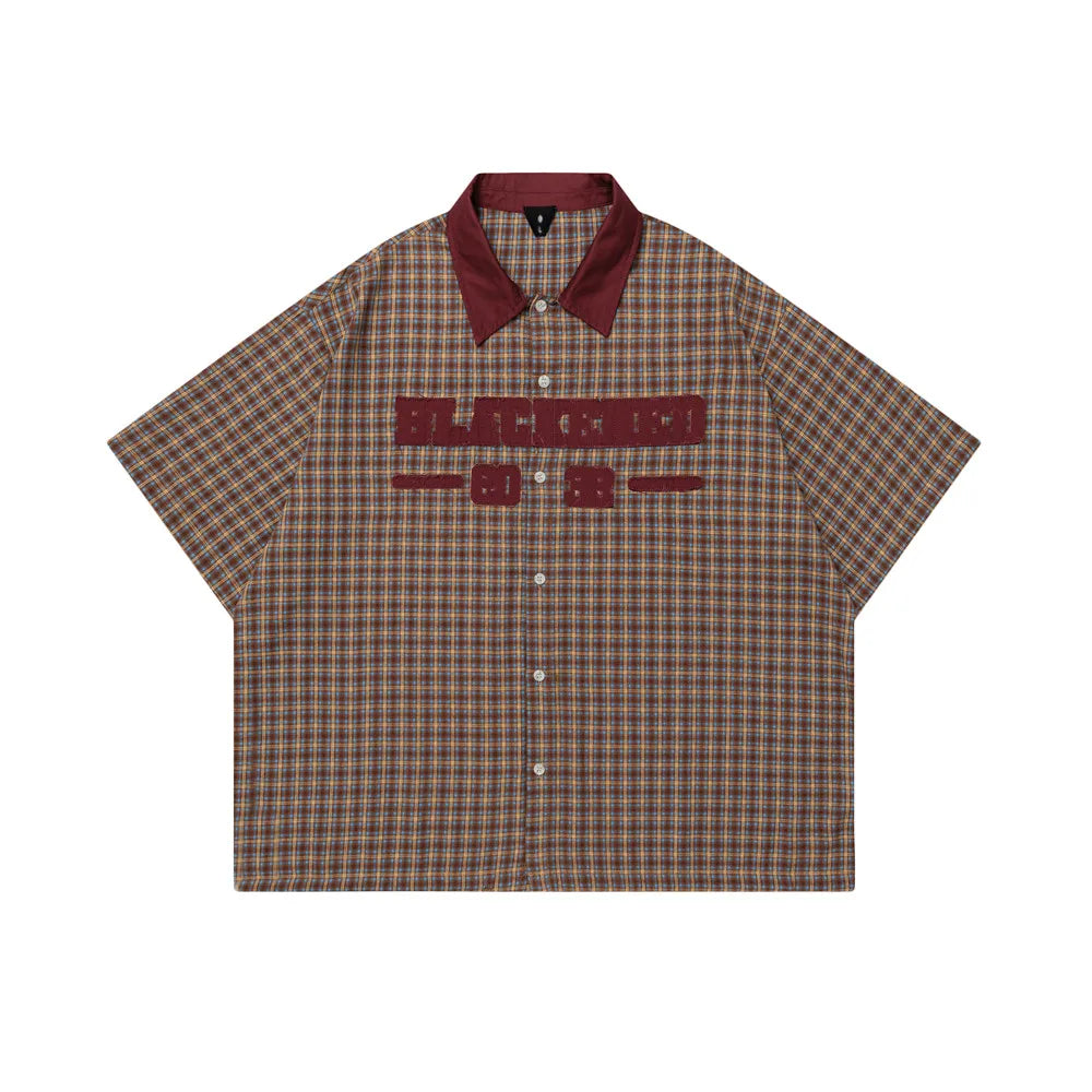 Patch Letter Plaid Short Sleeve Shirts