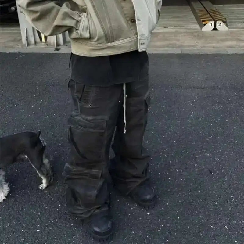 High Street Drawstring Zipper Sliced Wide Leg Cargo Pants