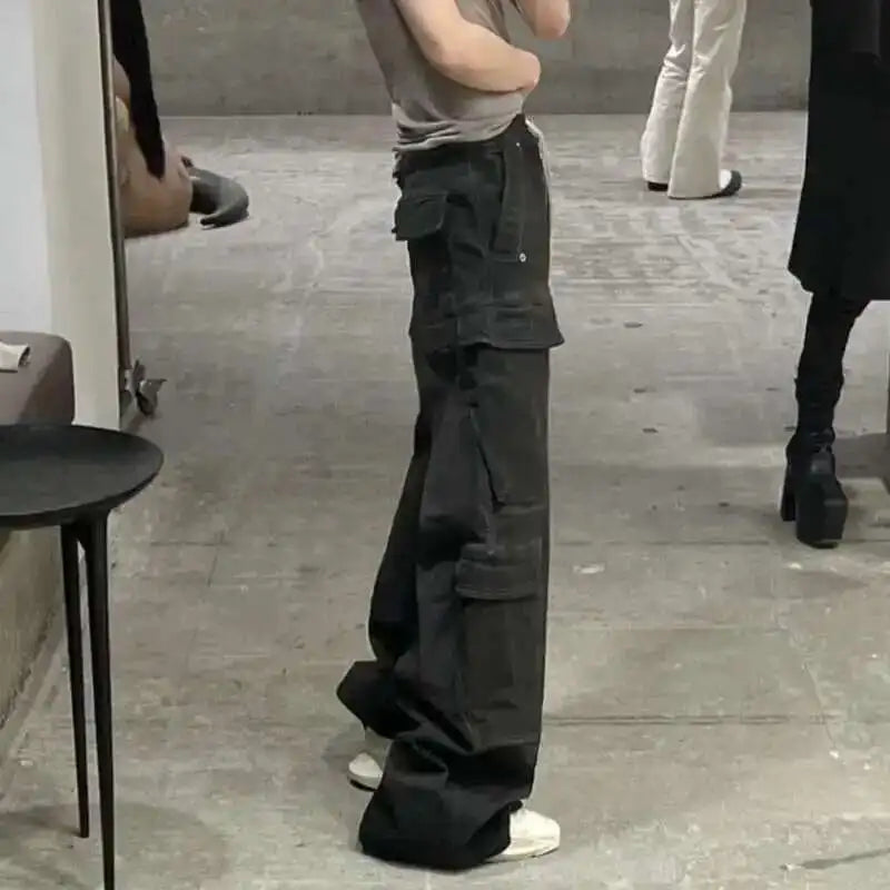 High Street Drawstring Zipper Sliced Wide Leg Cargo Pants