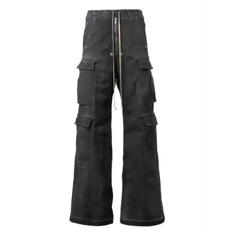 High Street Drawstring Zipper Sliced Wide Leg Cargo Pants
