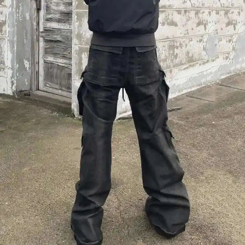 High Street Drawstring Zipper Sliced Wide Leg Cargo Pants