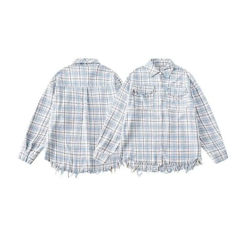 Vintage American Style Fringe Plaid Distressed Long Sleeve Shirt