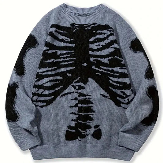Retro Oversized Skeleton Bone Print Vintage Knitted Sweater