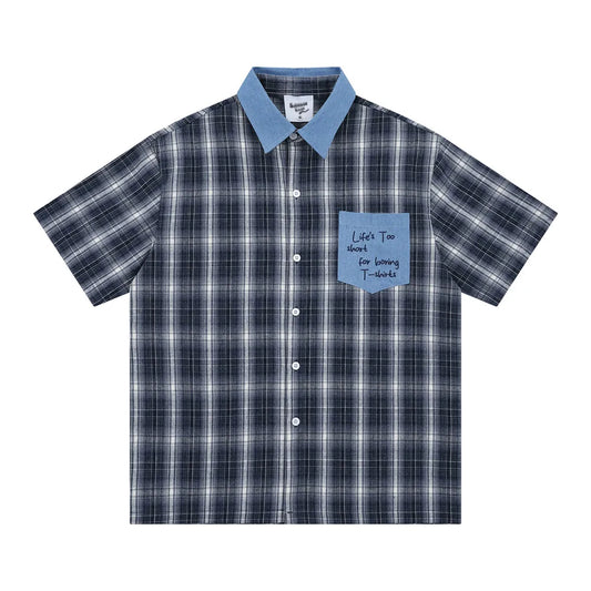Contrast Paneled Plaid Short Sleeve Shirts