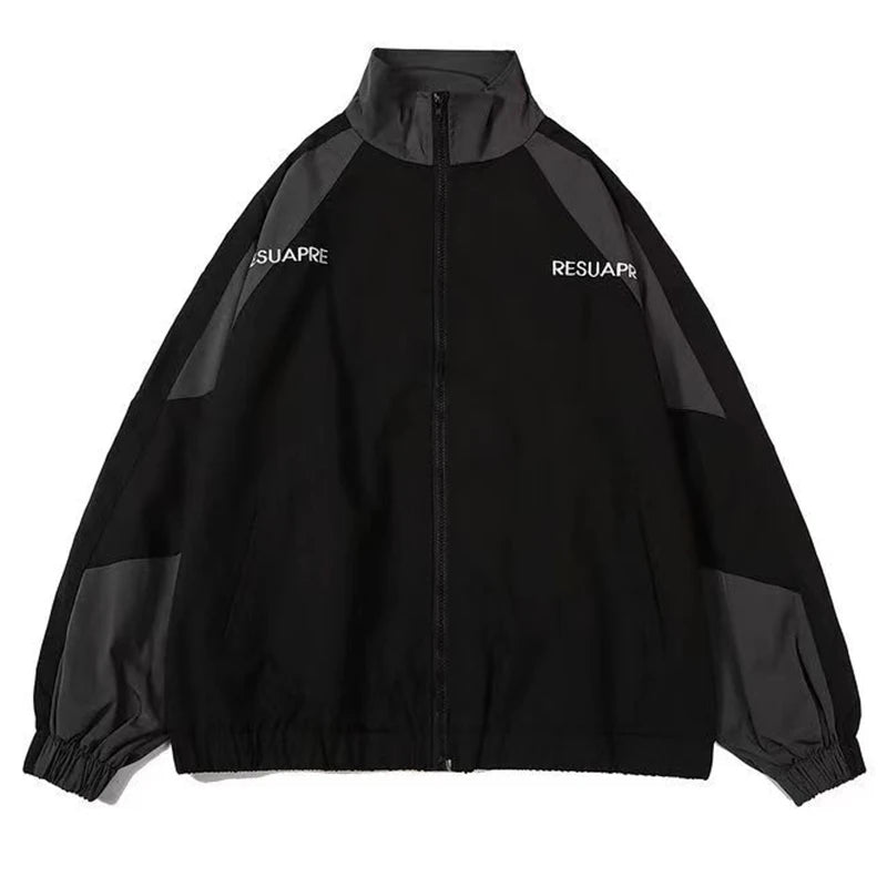 Men High Street Patchwork Black Windbreaker Coats