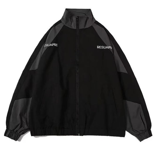 Men High Street Patchwork Black Windbreaker Coats