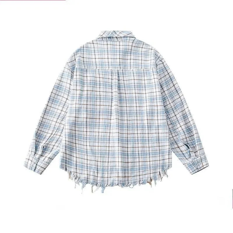 Vintage American Style Fringe Plaid Distressed Long Sleeve Shirt
