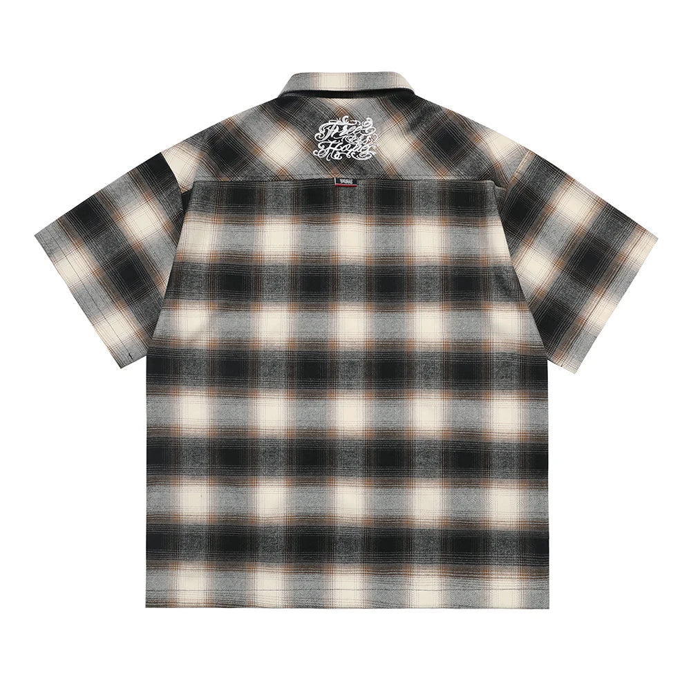 Vintage Letter Embroidery Short Sleeve Plaid Shirts