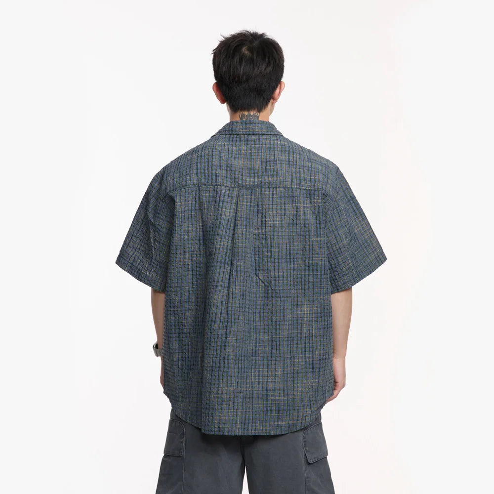 Seersucker Plaid Short Sleeve Loose Casual Streetwear Fashion Shirts
