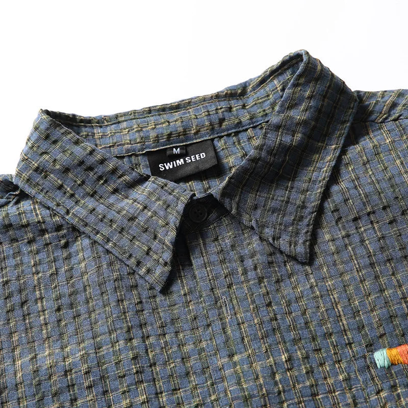 Seersucker Plaid Short Sleeve Loose Casual Streetwear Fashion Shirts