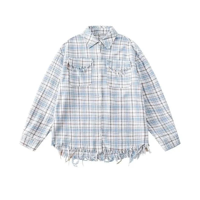 Vintage American Style Fringe Plaid Distressed Long Sleeve Shirt