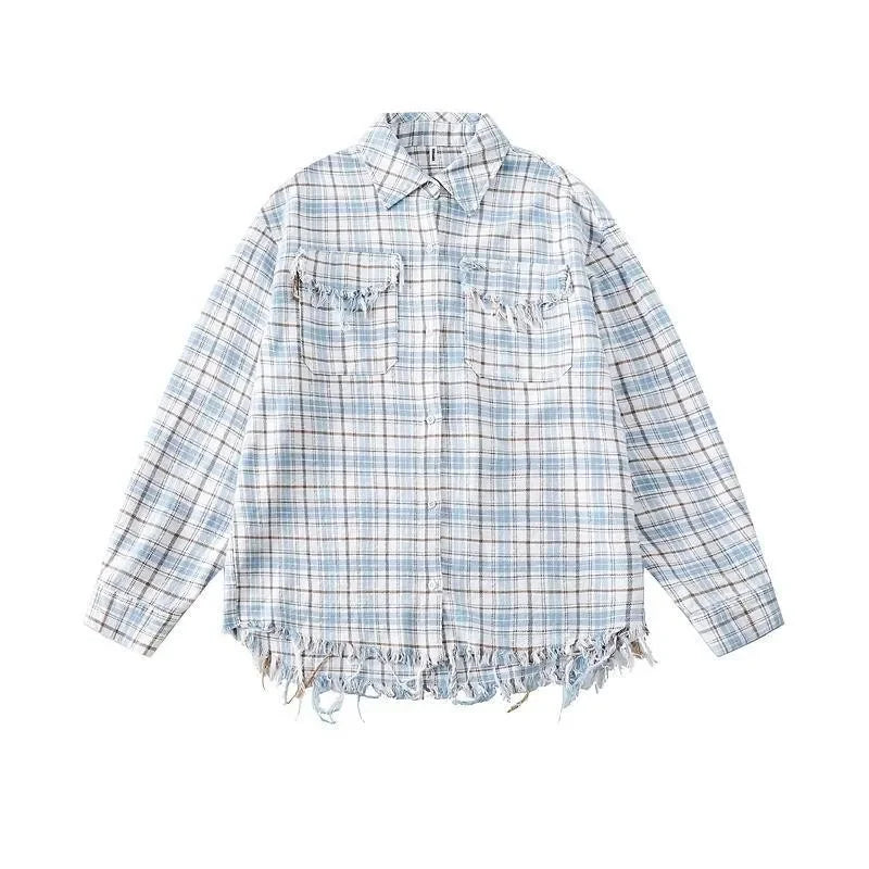 Vintage American Style Fringe Plaid Distressed Long Sleeve Shirt