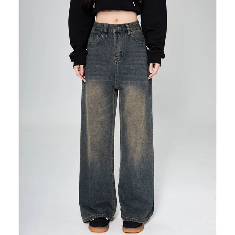 Vintage American Style Straight Wide Leg Denim Pants