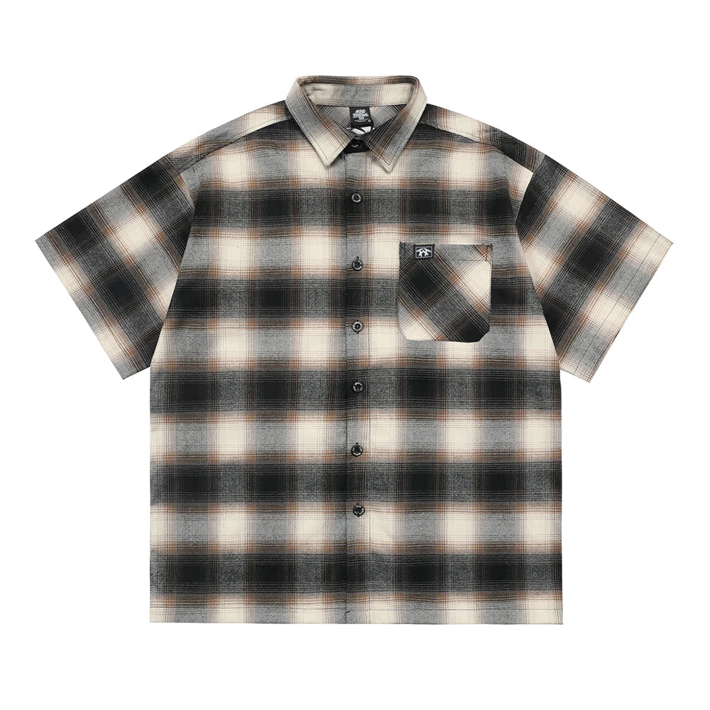Vintage Letter Embroidery Short Sleeve Plaid Shirts