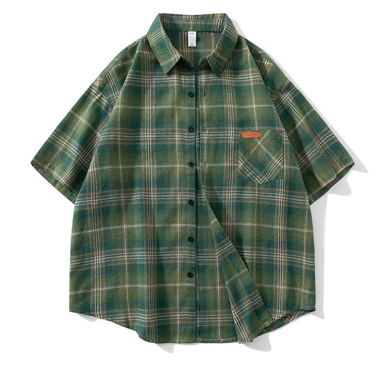 Men Spring Summer Oversized Vintage Plaid Shir