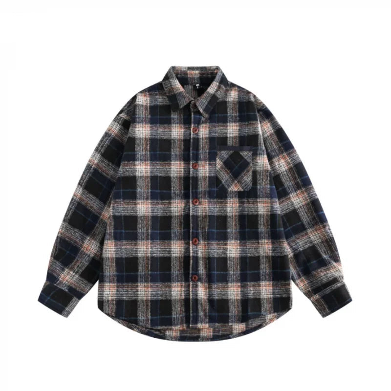 Japanese Retro Style Pattern Versatile Plaid Long-sleeved Shirt