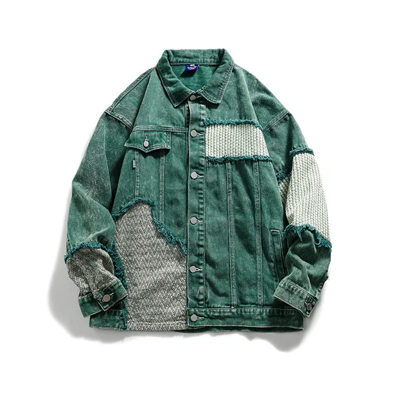 Green Patchwork Men Unisex Denim Jean Jacket
