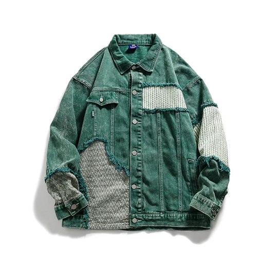 Green Patchwork Men Unisex Denim Jean Jacket