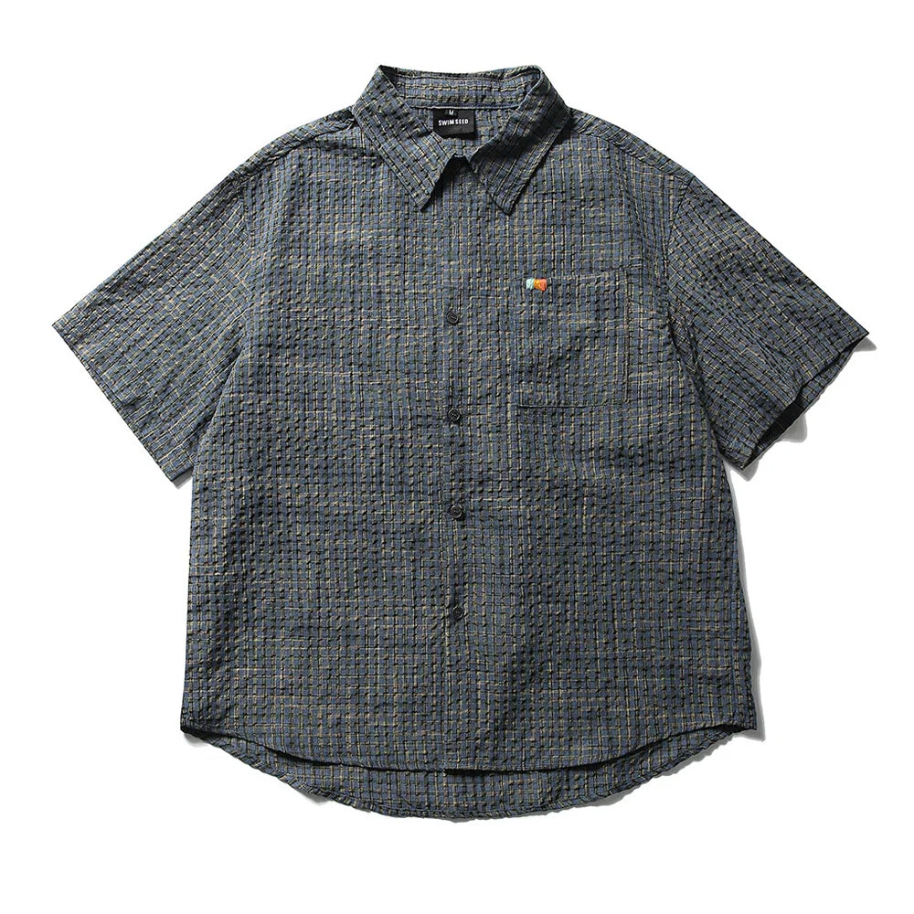 Seersucker Plaid Short Sleeve Loose Casual Streetwear Fashion Shirts