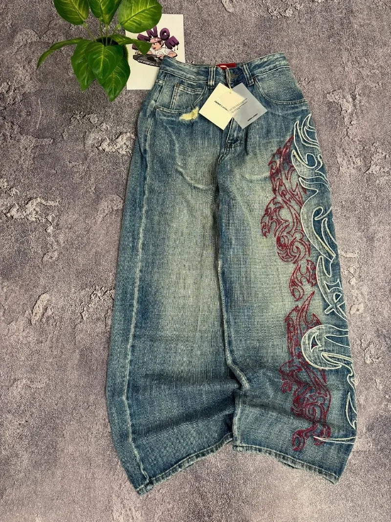 Y2K American New Pattern Embroidery Baggy Jeans