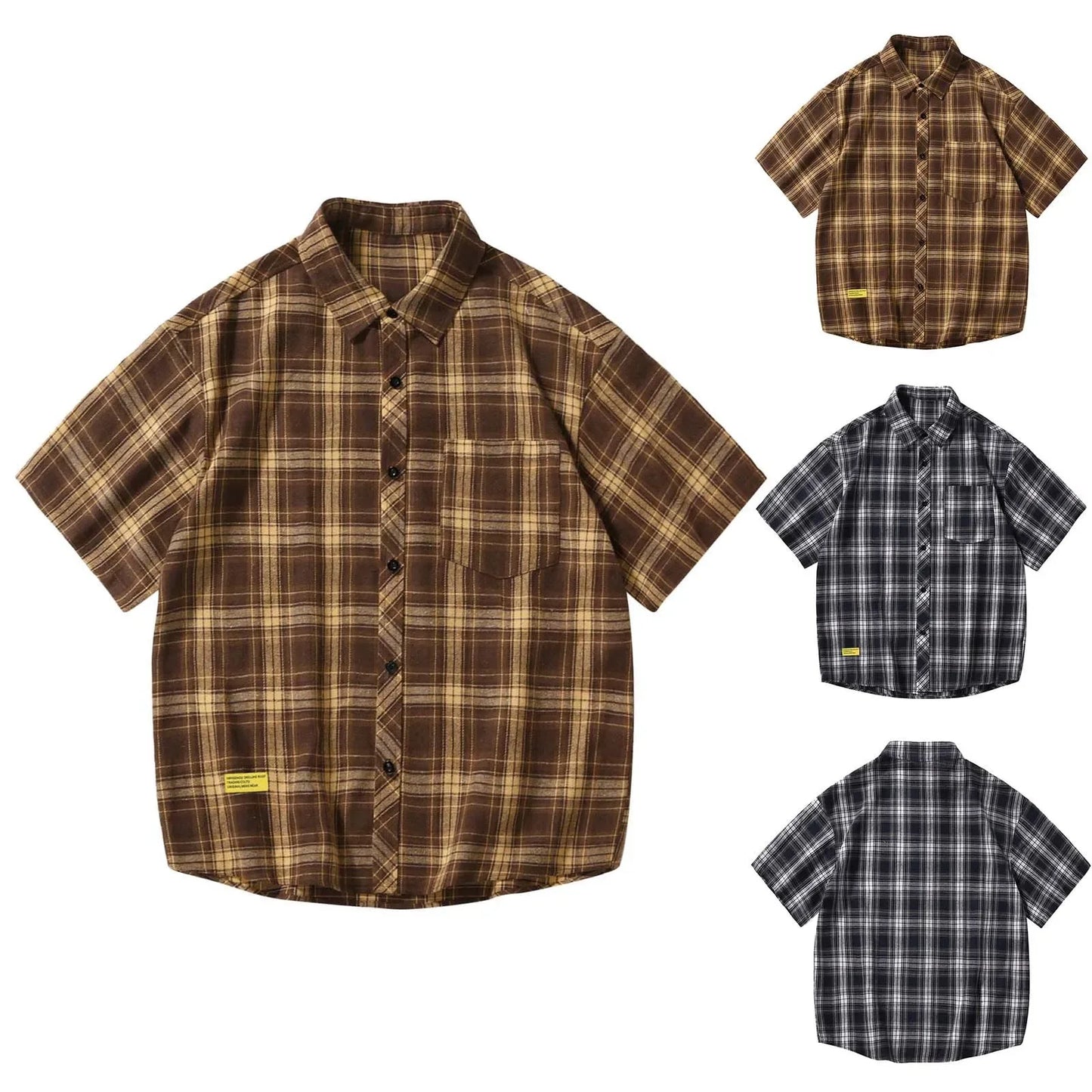 Men'S Short Sleeved Japanese Vintage Plaid Printed Shirt