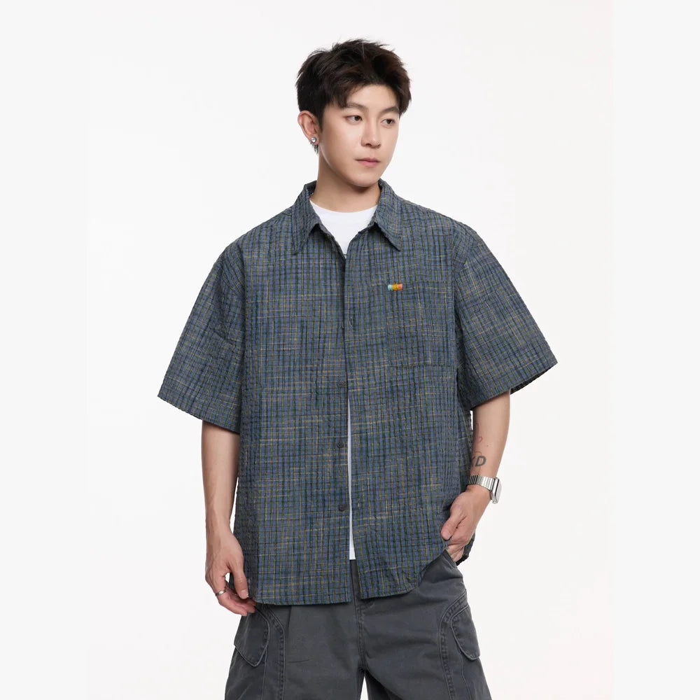 Seersucker Plaid Short Sleeve Loose Casual Streetwear Fashion Shirts