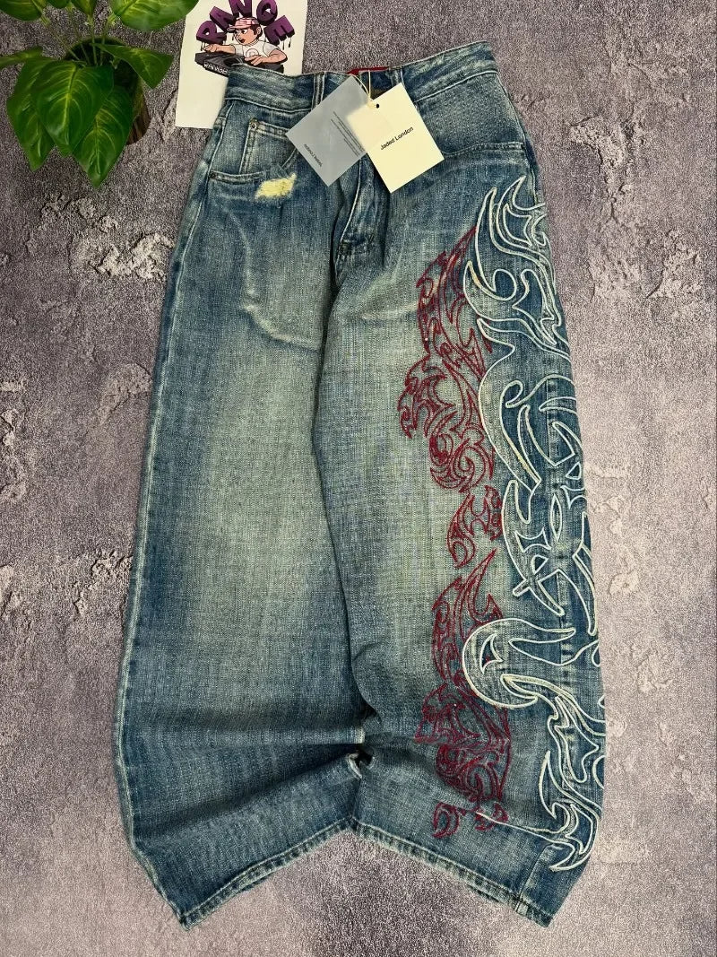 Y2K American New Pattern Embroidery Baggy Jeans