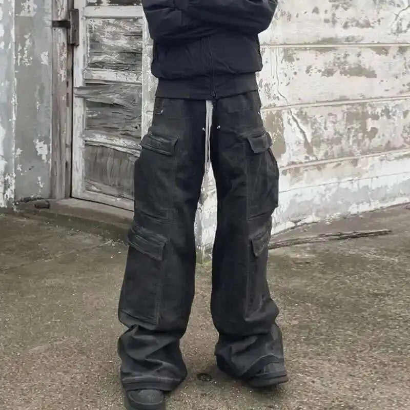 High Street Drawstring Zipper Sliced Wide Leg Cargo Pants