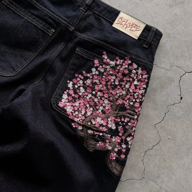 Plum Blossom Embroidery Y2K Vintage Wide Leg Pants