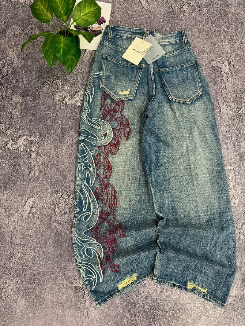 Y2K American New Pattern Embroidery Baggy Jeans
