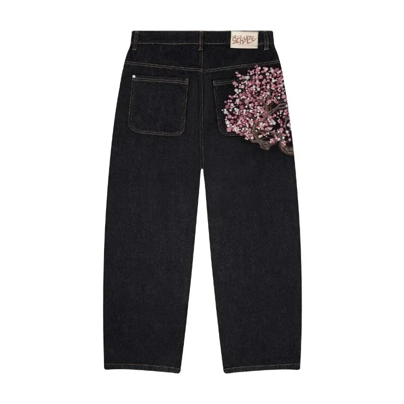 Plum Blossom Embroidery Y2K Vintage Wide Leg Pants