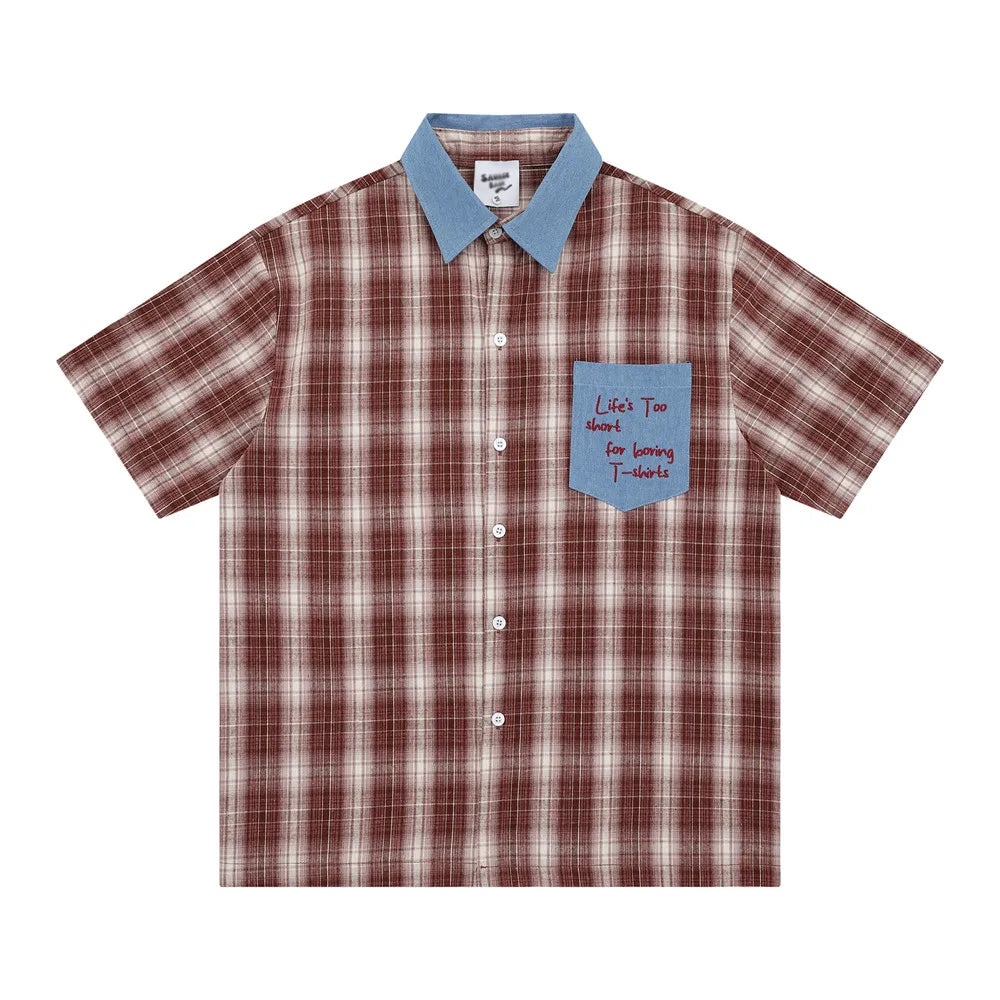 Contrast Paneled Plaid Short Sleeve Shirts