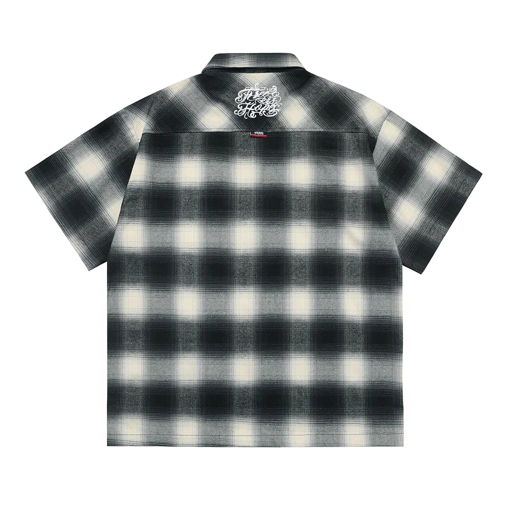 Vintage Letter Embroidery Short Sleeve Plaid Shirts